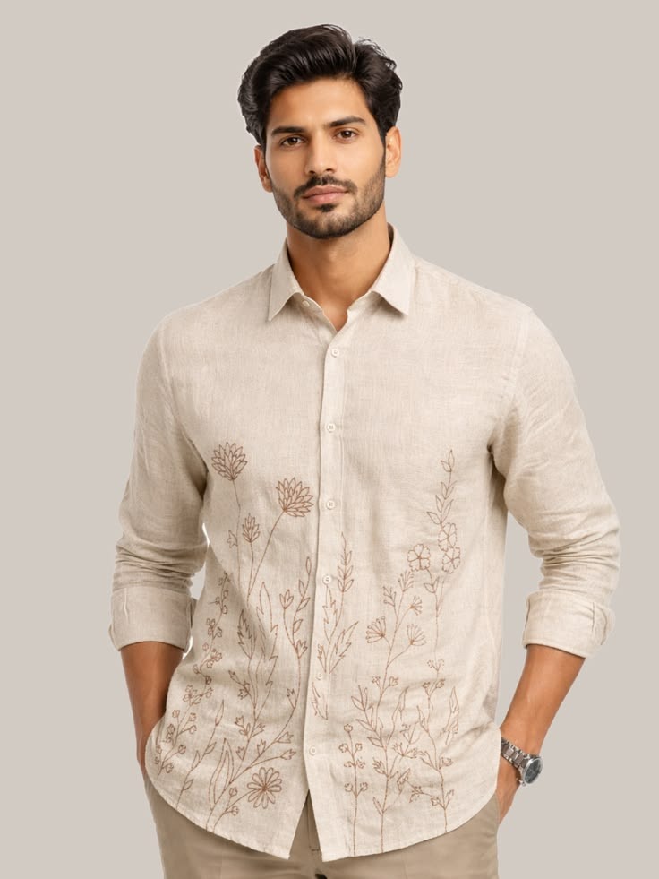 Botanical Threadwork Linen Shirt